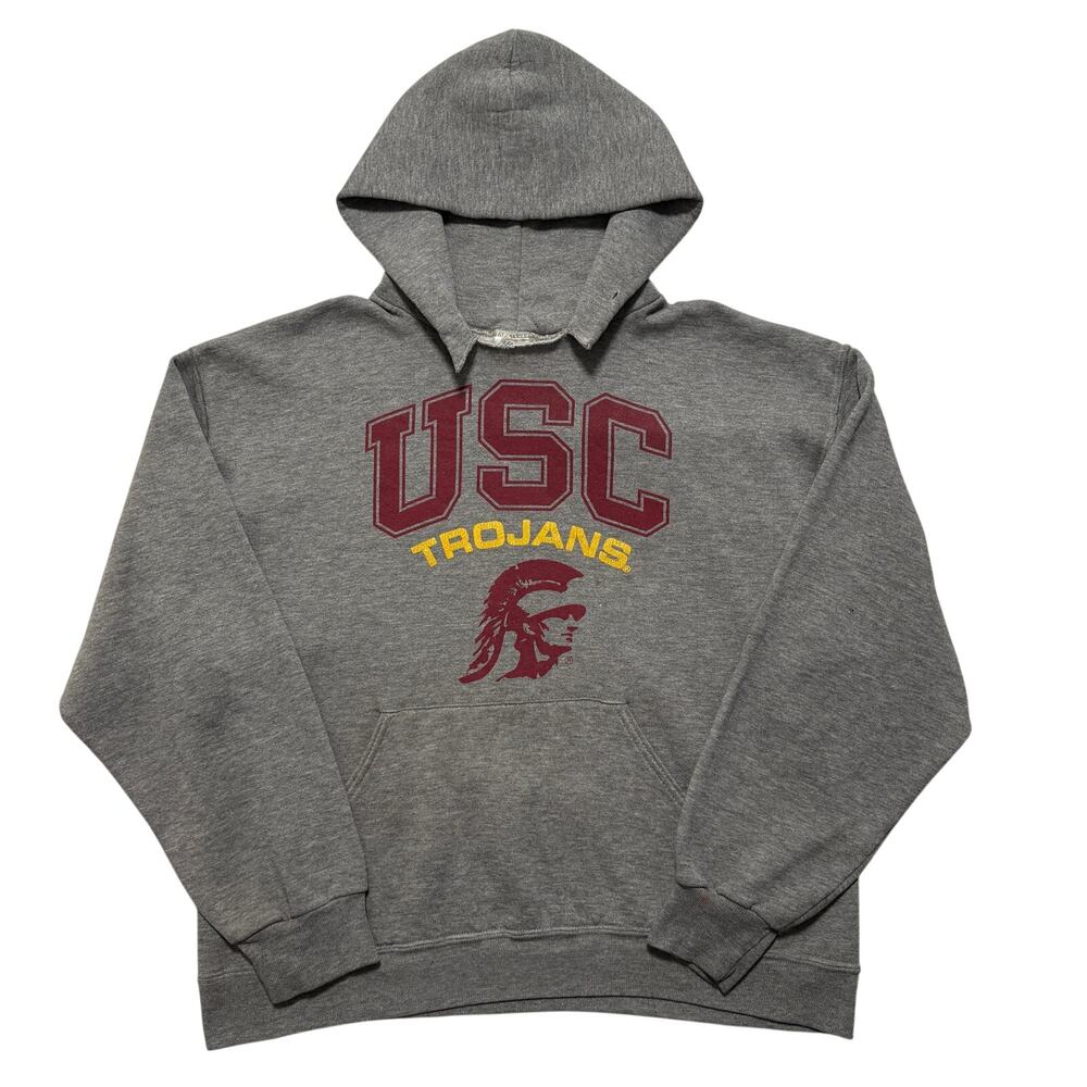 VTG 90’s USC Trojans Team Campus Pullover Hoodie Sweatshirt Men’s L Gray
